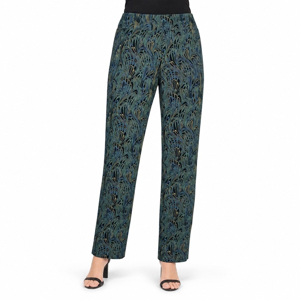 Soft Surroundings Ponte Knit Pull on Pants Black Marbled Print Peacock Size L